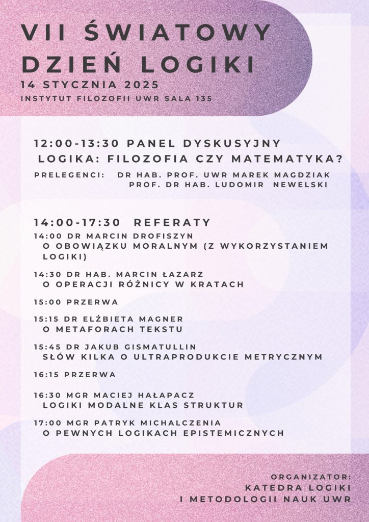 Program wydarzenia VII Międzynarodowy Dzień Logiki, 14.01.2025, Instytut Filozofii, sala 135:
12:00-13:30 Panel dyskusyjny (M. Magdziak, L. Newelski); 14:00-17:30 Referaty (M. Drofiszyn, M. Łazarz, E. Magner, J. Gismatullin, M. Hałapacz, P. Michalczenia)