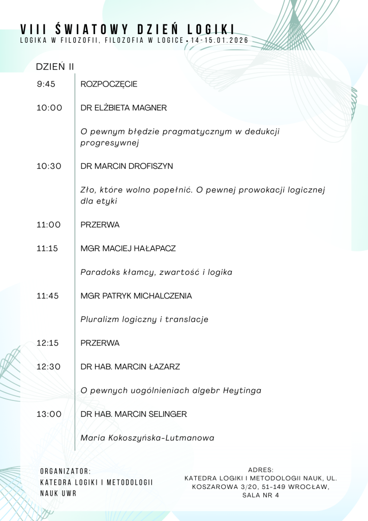 Program VIII Światowego Dnia Logiki. Dzień II